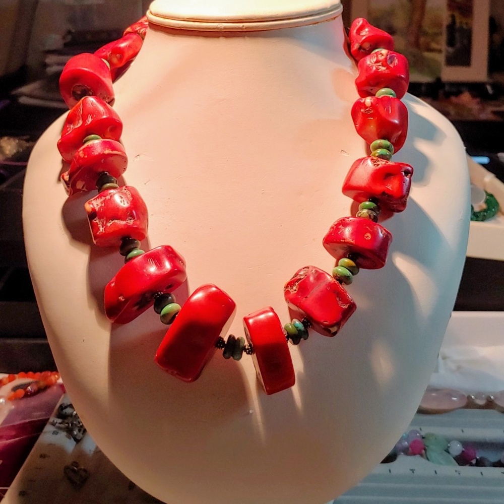 Red Coral & Turquoise Necklace (Sterl. Silv.)